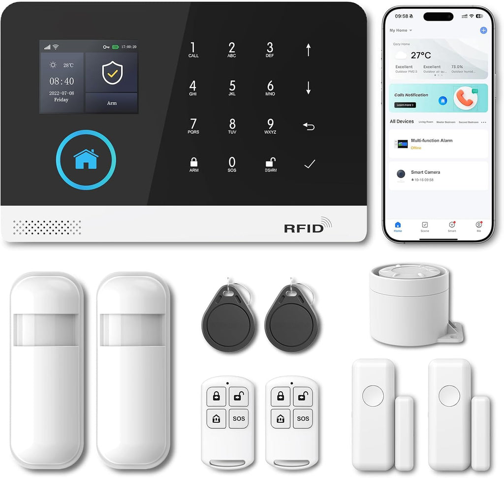 Wireless Home Security System WiFi+GSM/4G with Instant App Alerts&Auto Alarm Dial,Door&Window Alarm System,Motion Sensors,Smart Life Tuya Control,NO Monthly Fees,Apartment,Kids Safety