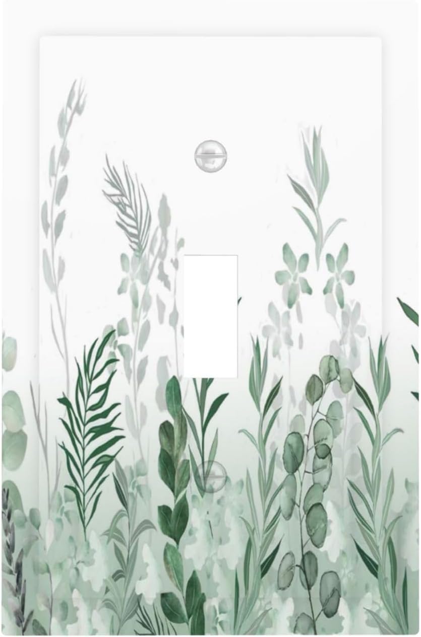 Watercolor Green Leaf Rustic Plant Eucalyptus Flowers Decorative Light Switch Cover 1 Gang Single Toggle Device Electrical Faceplate Switchplates Decorator Outlet Wall Plate for Bed Room Living Room