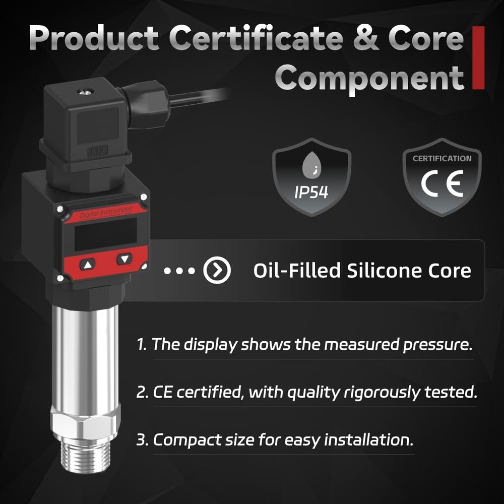 LEFOO Digital Pressure Transmitter 4-20mA Pressure Sensor Transducer with LCD Digital Display (Power Supply: 12-30VDC, Pressure Range: 0-145PSI)