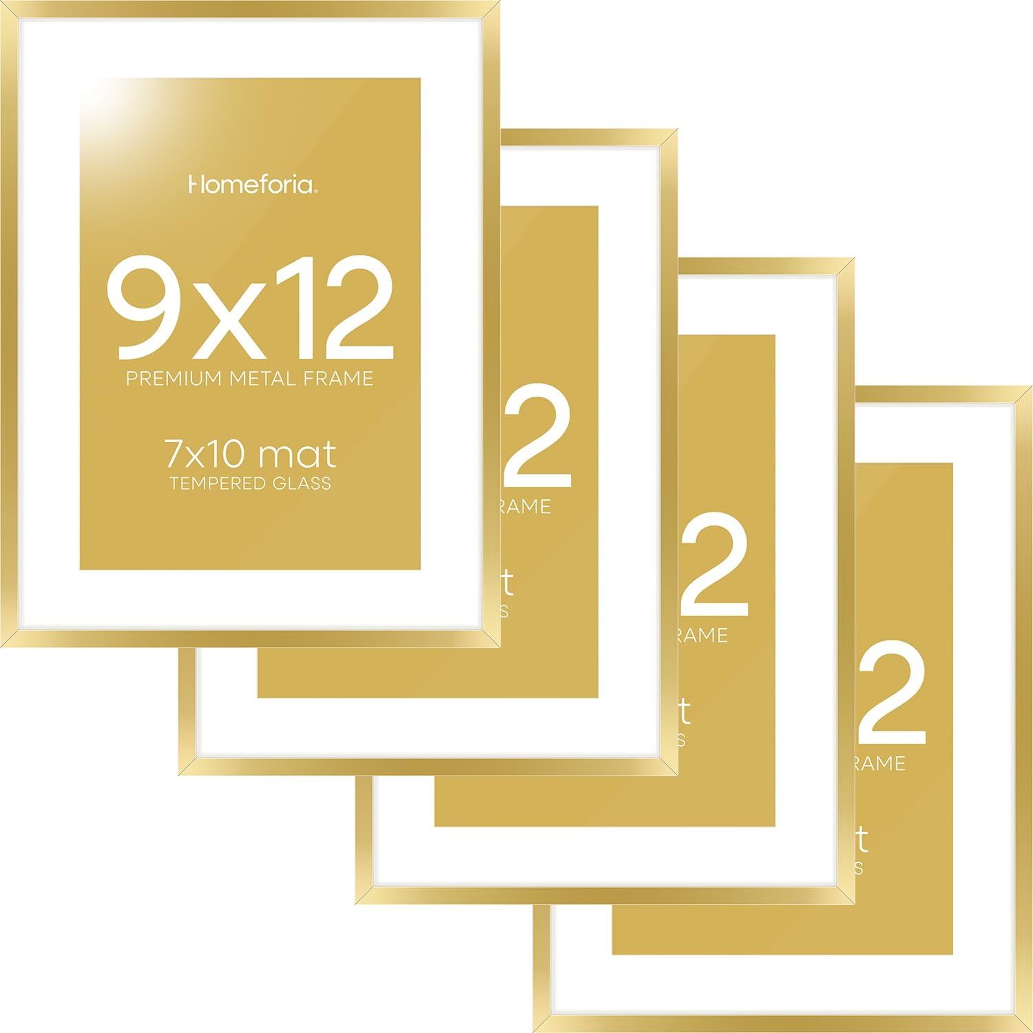 Homeforia 9x12 Gold Frame, High End Metal 9 x 12 Picture Frames with Mat 7 by 10 inch Photo, 9by12 Thin Poster Frame Matted to 7x10 Art, 12x9 Wall or Tabletop Frame, Tempered Glass, Wall Kit, Set of 4