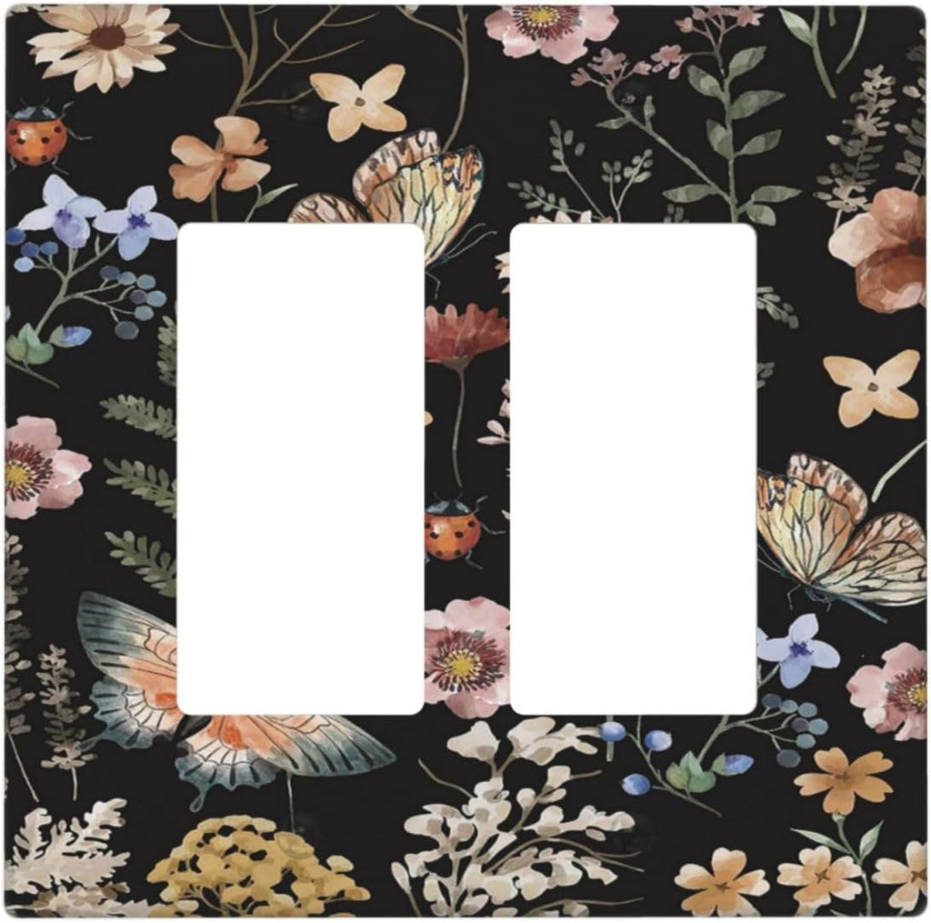 Decorative Outlet Covers Rustic Black Butterfly Flowers Leaves 2 Gang Wall Plate Double Rocker Two Switch Wall Cover Plate Jumbo Dual GFCI Faceplate for Country Bedroom Home Decor