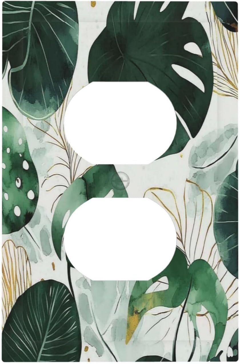 Boho Tropical Green Leaf Watercolor Banana Leaves Outlet Covers 1 Gang Duplex Light Switch Cover Decorative Switch Plates Electrical Receptacle Faceplate Wall Plate For Bed Room Living Room Decor