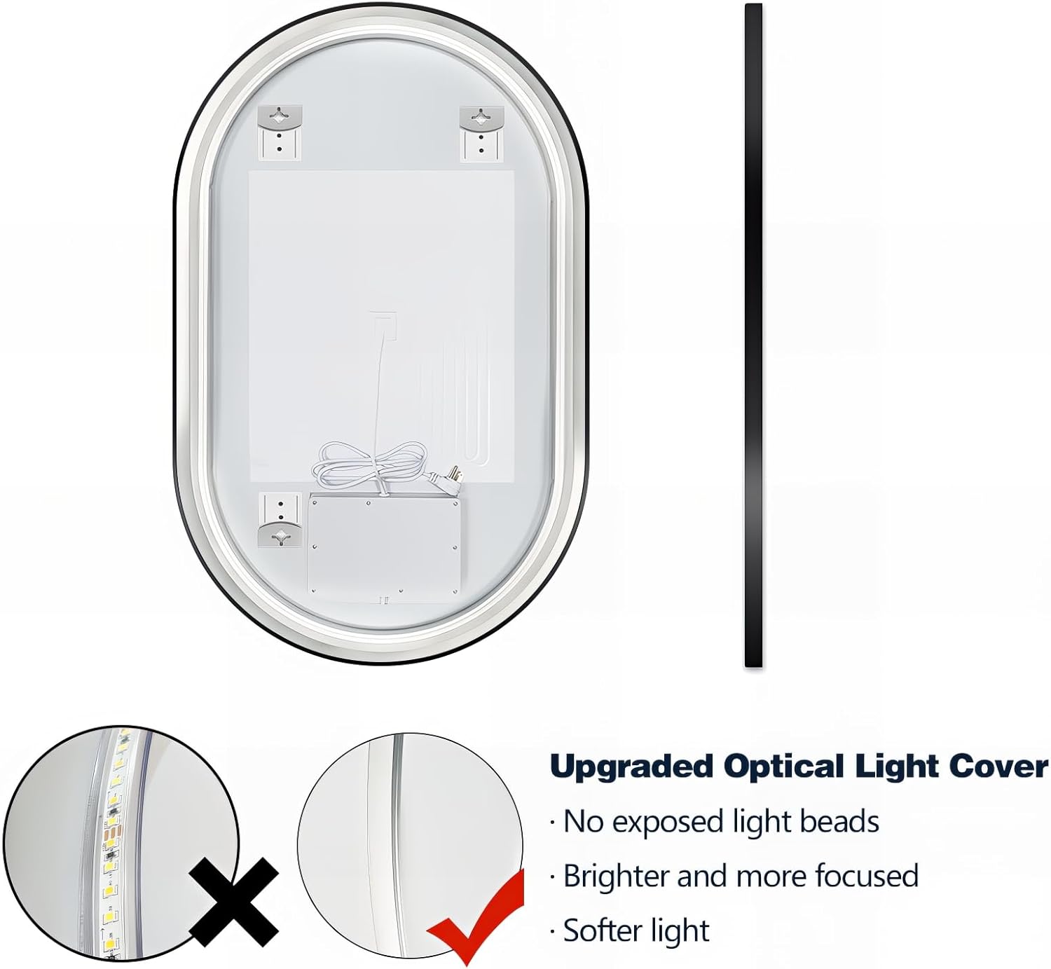 Niccy Oval LED Mirror for Bathroom, 48x30 Front Lit + Backlit Vanity Mirrors with Light Anti-Fog, Shatter-Proof, 3 Colors, Makeup Mirror with Black Frame (Horizontal/Vertical)