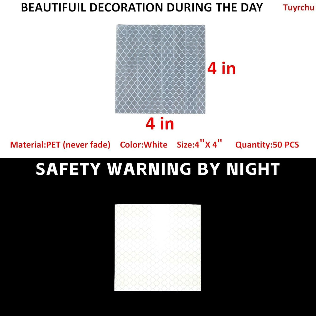 Non Fading White Reflective Stickers 4 inch X 4 inch, Outdoor Waterproof High Visibility Warning Safety Adhesive Reflector Tape (50 Pcs)