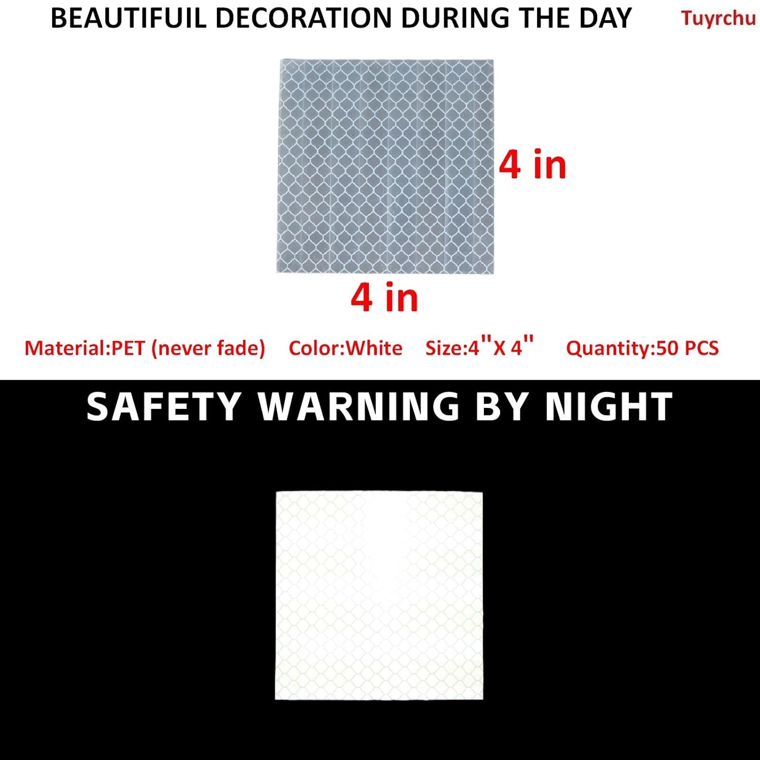 Non Fading White Reflective Stickers 4 inch X 4 inch, Outdoor Waterproof High Visibility Warning Safety Adhesive Reflector Tape (50 Pcs)
