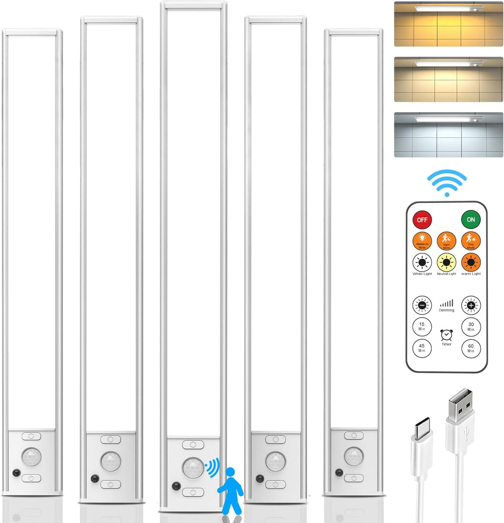 Under Cabinet Lights Wireless,11.9" Motion Sensor Light Indoor with Remote Control,2500mAh LED Rechargeable Battery Operated Closet Light,3 Color Temps,Under Counter Lights for Kitchen,Stairs,5 Pack
