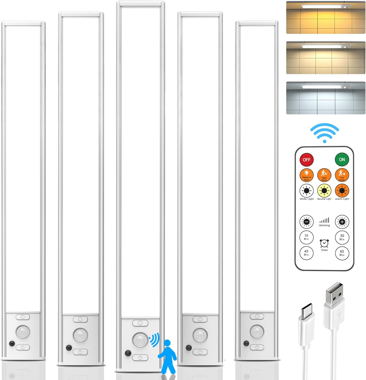 Under Cabinet Lights Wireless,11.9" Motion Sensor Light Indoor with Remote Control,2500mAh LED Rechargeable Battery Operated Closet Light,3 Color Temps,Under Counter Lights for Kitchen,Stairs,5 Pack