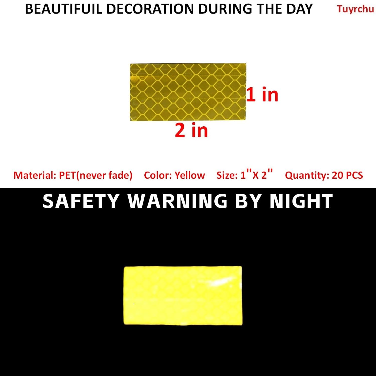 Non Fading Yellow Reflective Stickers 1 inch X 2 inch, Outdoor Waterproof High Visibility Warning Safety Adhesive Reflector Tape (20 Pcs)