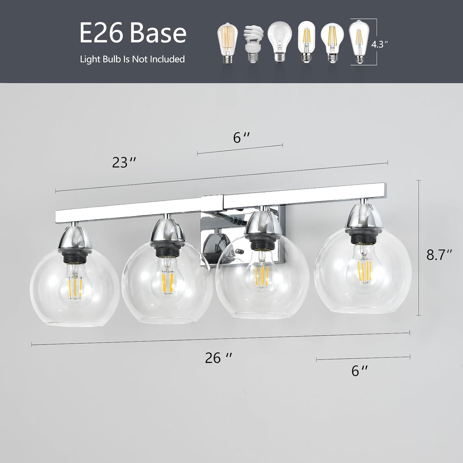 4-Light Bathroom Vanity Light, Silver Wall Sconce with Premium Hand-Crafted Glass, Shatter-Resistant & Enhanced Clarity, Perfect for Mirror, Living Room, Hallway