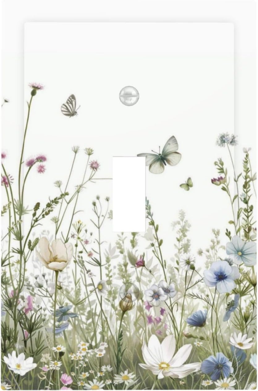 Colorful Wildflowers Daisy Plant Butterfly Floral Decorative Light Switch Cover 1 Gang Single Toggle Device Electrical Faceplate Switchplates Decorator Outlet Wall Plate for Bed Room Living Room Decor