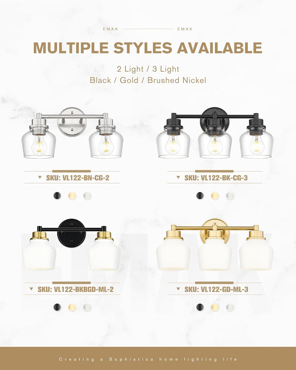 Emak Black and Gold Bathroom Light Fixtures Over Mirror, 2-Light Bathroom Vanity Light with Milk Glass Shade, Modern Farmhouse Vanity Lights for Bath,Mirror, VL122-BKBGD-ML-2