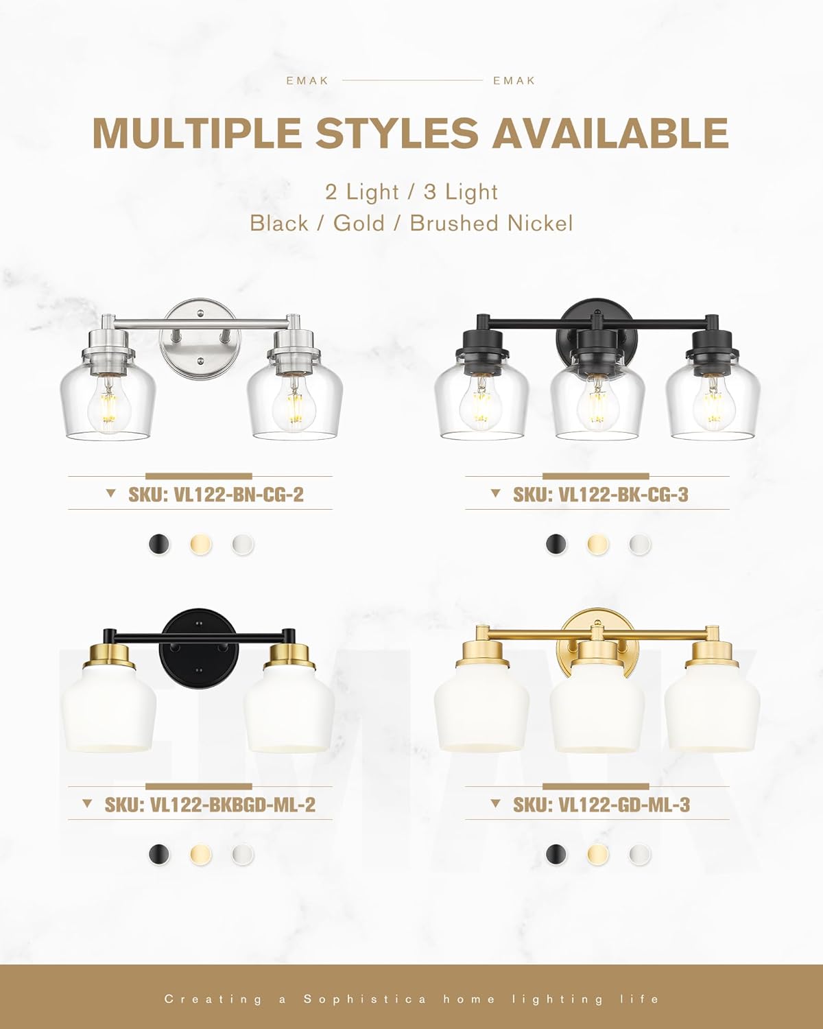 Emak Black and Gold Bathroom Light Fixtures Over Mirror, 2-Light Bathroom Vanity Light with Milk Glass Shade, Modern Farmhouse Vanity Lights for Bath,Mirror, VL122-BKBGD-ML-2
