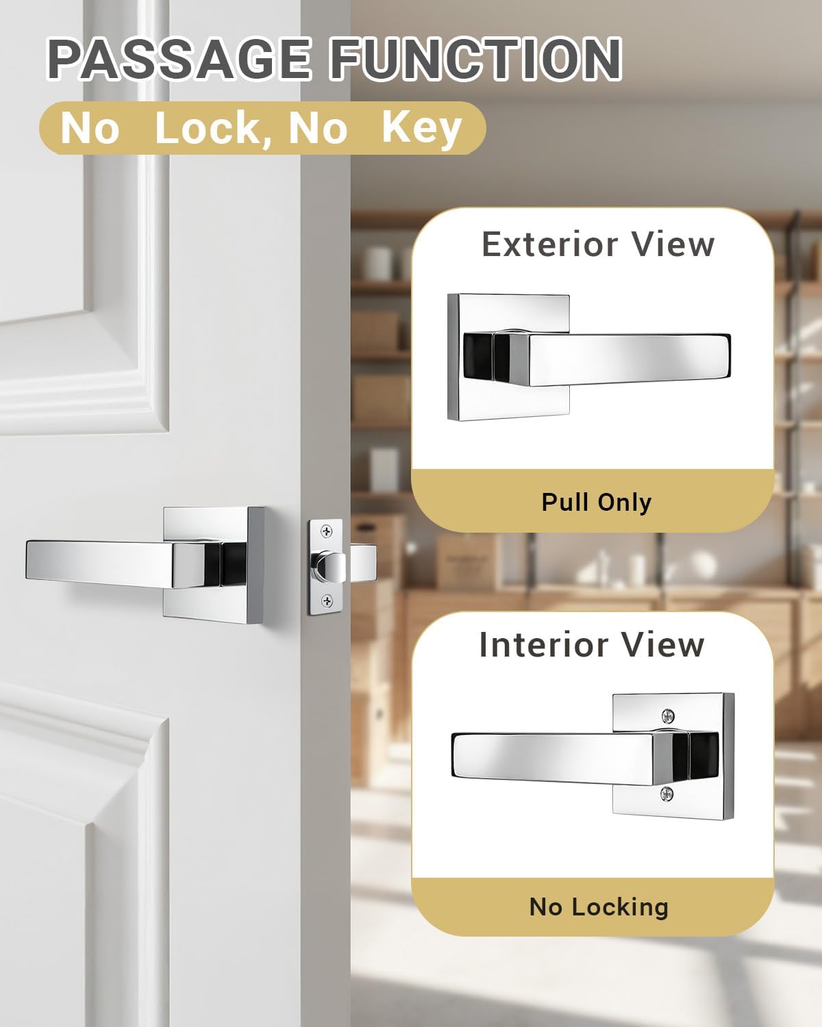 KNOBWELL 4 Pack Door Handles Interior Passage Doorknob with Straight Lever Polished Chrome Hallway Closet Door Handles