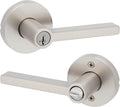 Kwikset Halifax Entry Door Handle with Lock and Key, Secure Round Keyed Reversible Lever Exterior, for Front Entrance and Bedrooms,Satin Nickel, Pick Resistant Smartkey Rekey Security and Microban
