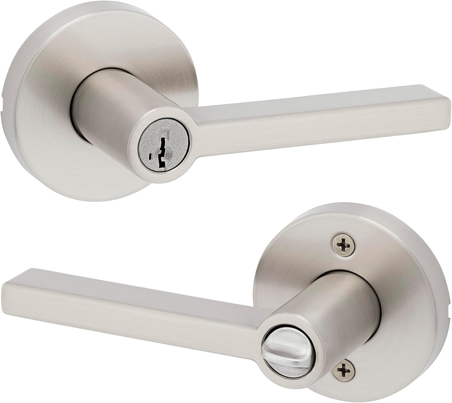 Kwikset Halifax Entry Door Handle with Lock and Key, Secure Round Keyed Reversible Lever Exterior, for Front Entrance and Bedrooms,Satin Nickel, Pick Resistant Smartkey Rekey Security and Microban