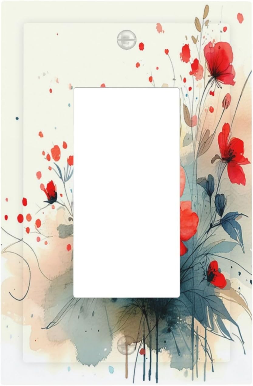 Vintage Floral Red Watercolor Modern Decorative Outlet Covers 1 Gang Single Rocker Light Switch Cover Plate Wall Plates GFCI Faceplate for Bedroom Bathroom Decor