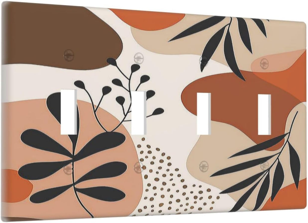 Light Switch Covers Boho Botanical Orange Green Beige Minimalist Quad Toggle Electrical Faceplate 4 Gang Wall Plate Decorative Switch Plates for Bedroom living Room Decor
