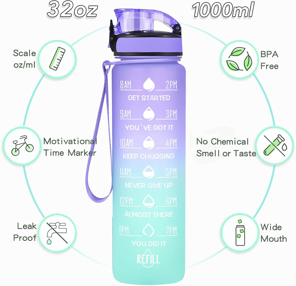 Enerbone Water Bottle, Leakproof BPA & Toxic Free, Motivational Water Bottle with Times to Drink and Straw, Fitness Sports Water Bottle with Strap for Office, Gym, Outdoor Sports