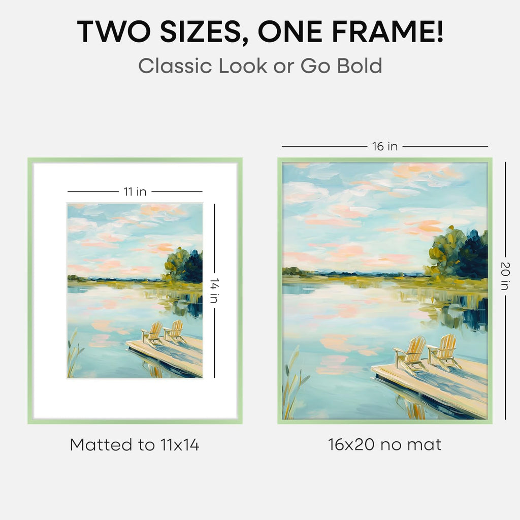 Homeforia 16x20 Sage Green Picture Frame, High End Metal 16x20 Poster Frame with Mat 11x14 inch Photo, 16 x 20 Sage Green Frame Matted to 11 by 14 Art, 20x16 Frame, Tempered Glass, Wall Kit, Set of 2