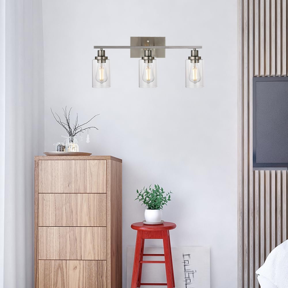 MELUCEE 3 Lights Wall Sconce Brushed Nickel Finished Modern Bathroom Vanity Light Fixtures with Clear Glass Shade Suit for Porch Bedroom Foyer Kitchen (Patent No.: US D963914 S)