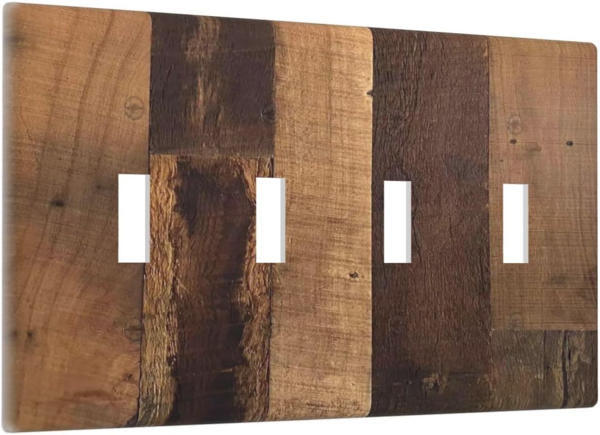 Rustic Brown Wood Vintage Wood Board Light Switch Covers Quad Toggle Electrical Faceplate 4 Gang Wall Plate Decorative Switch Plates For Farmhouse Cabin Decor