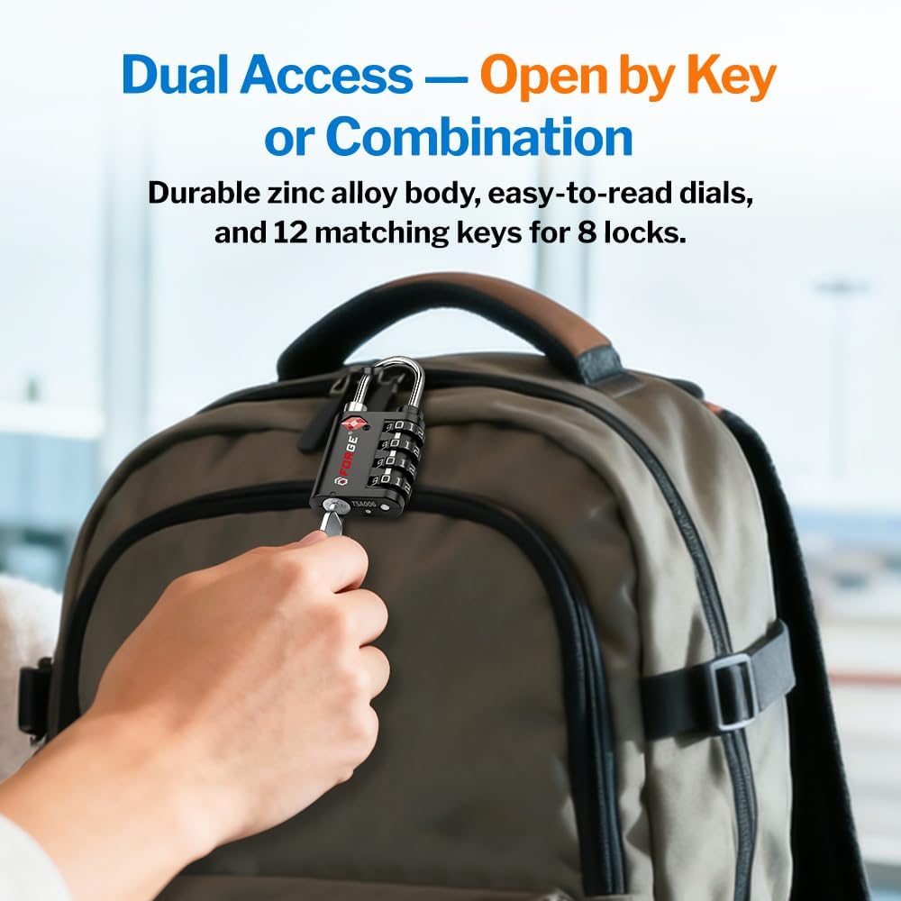 Forge Dual-Opening: Key or Combination Lock, TSA Approved Lock for Luggage, Pelican case, Travel, Gym, School, Luggage Combination Lock, Travel Bag Lock (Black 10 Pk)