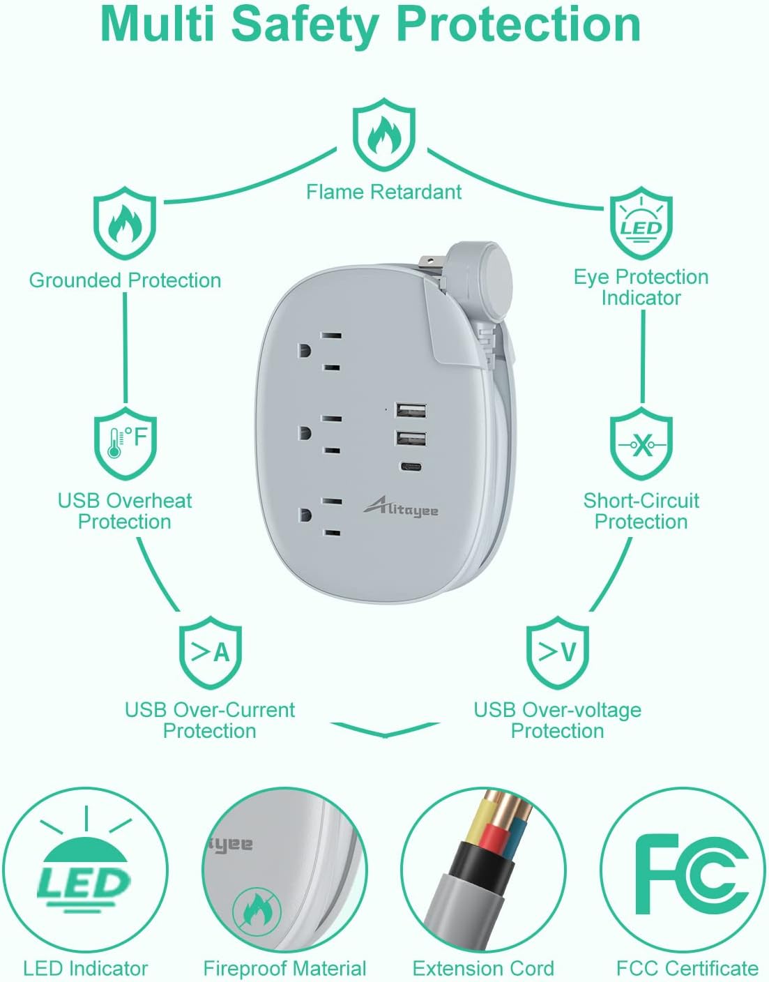 Alitayee USB C Portable Travel Power Strip with 3 Outlets 3 USB Ports Fast Charge, USB Extendable Outlet Extender with Flat Plug and 3ft Wrapped Around Extension Cord for Cruise Travel Home Office