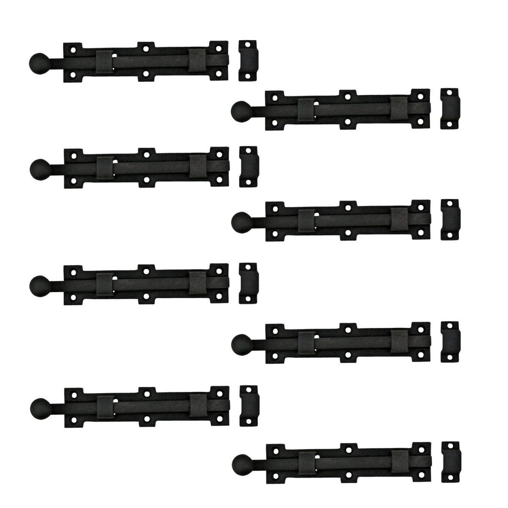 Renovators Supply Manufacturing Slide Bolt Latch 8 3/4 in. Black Wrought Iron Ball Tip Style Slide Bolt with Mounting Hardware Pack of 8
