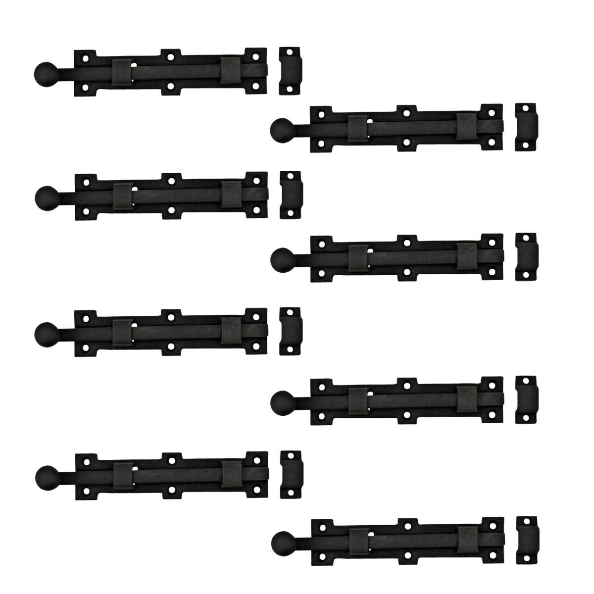 Renovators Supply Manufacturing Slide Bolt Latch 8 3/4 in. Black Wrought Iron Ball Tip Style Slide Bolt with Mounting Hardware Pack of 8