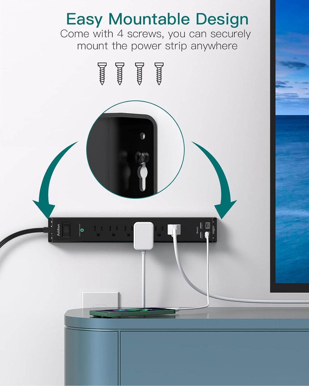 15Ft Extension Cord - Addtam Long Cord Power Strip with 6 AC Outlets and 4 USB Ports(2USB C), Wall Mount with Surge Protection, Multi Plug Outlets for Home Office College Dorm Room Essentials