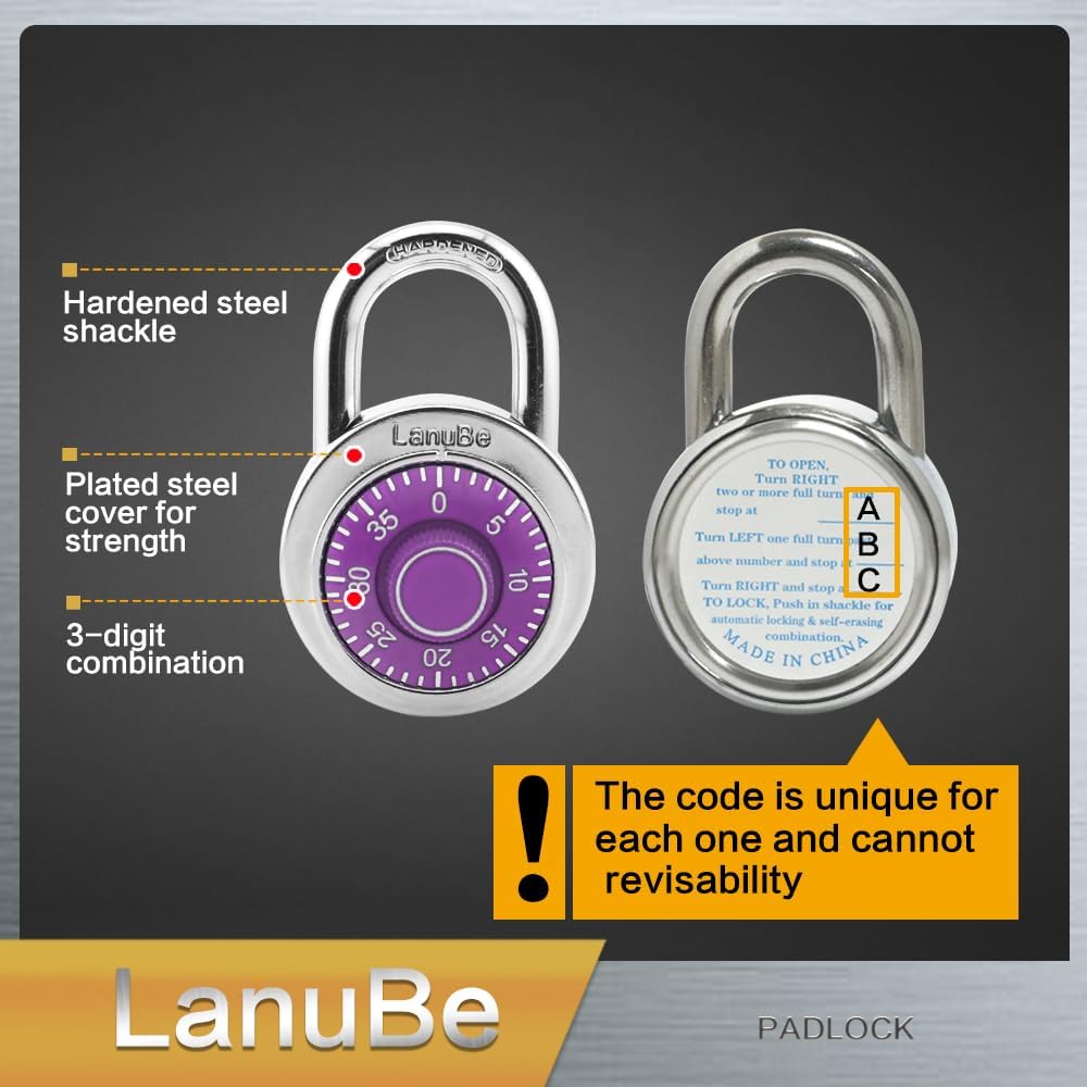 LanuBe Standard Dial Combination Lock, 2 inches. Wide, with Different Combinations, Purple Turnplate, Pack of 24; Lock for School, Employee, Gym Sports Locker, Case, Toolbox