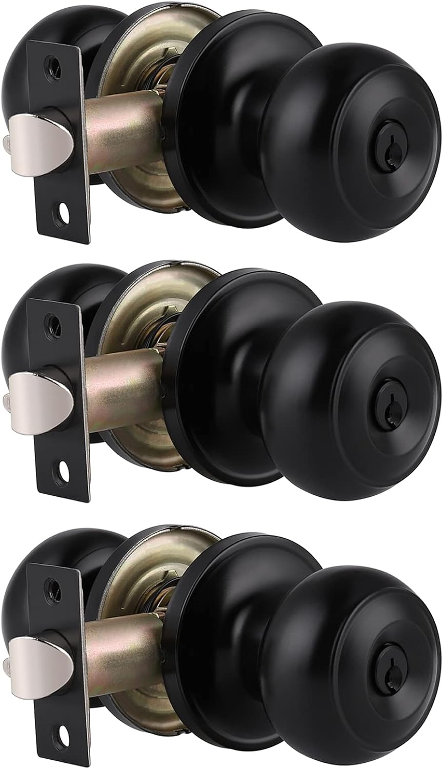 Gobrico Entry Door Locks Keyed-Alike Flat Ball Door Locksets with Same Keys in Black-Pack of 3