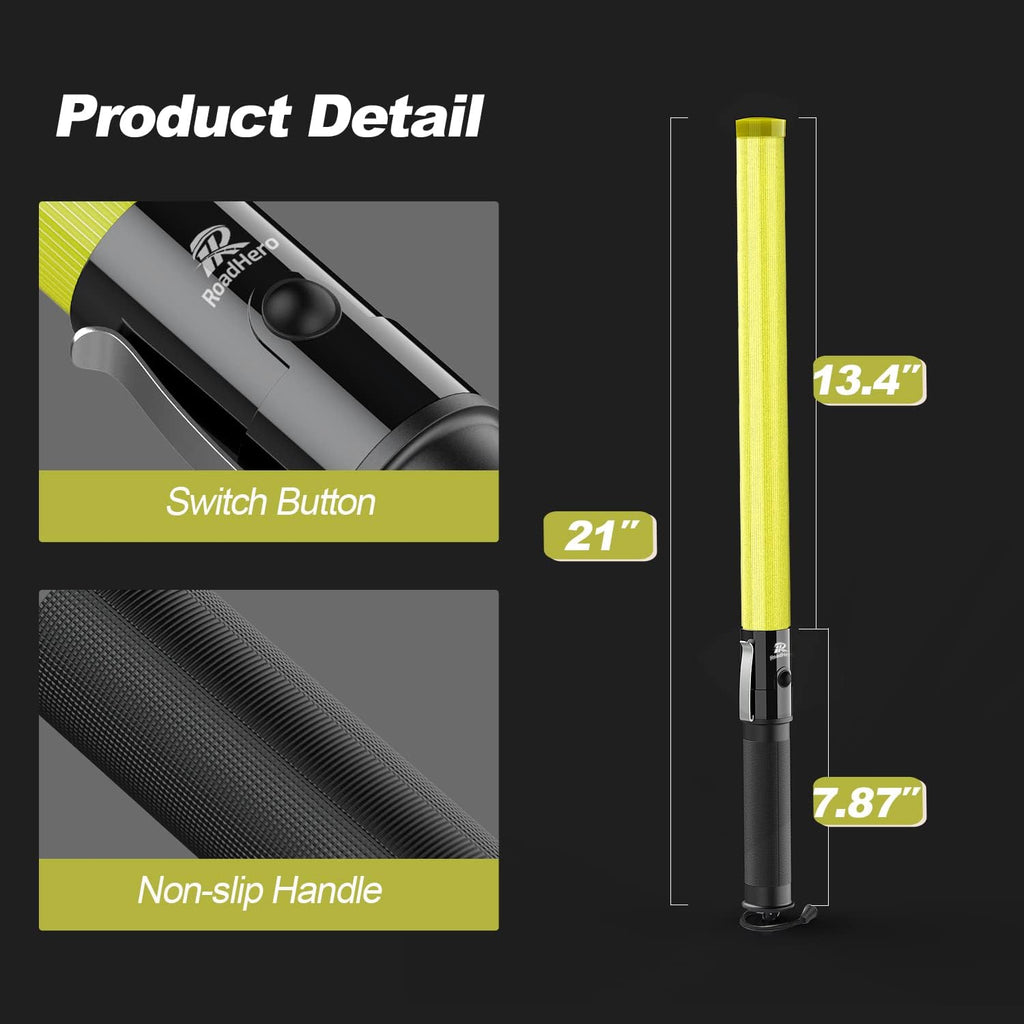 RoadHero 21 Inch Traffic Wand, Yellow LED Traffic Control Baton with 2 Flashing Modes, Night Safety Light Wand with Side Clip for Airport, Parking, Car Directing