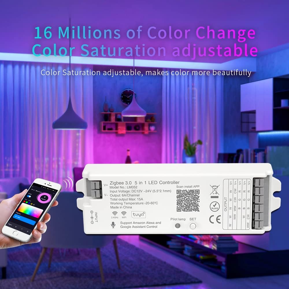 5in1 LM052 Tuya Zigbee3.0 LED Controller Support Monochrome CCT RGB RGBW RGBCCT PWM LED Strip Compatible with Echo Plus Echo(4th Gen) Philip H-UE Home-kit Gateway Work with WR01RF WR02RF etc