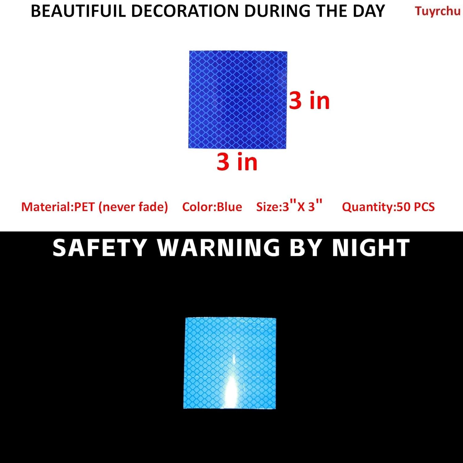 Non Fading Blue Reflective Stickers 3 inch X 3 inch, Outdoor Waterproof High Visibility Warning Safety Adhesive Reflector Tape (50 Pcs)