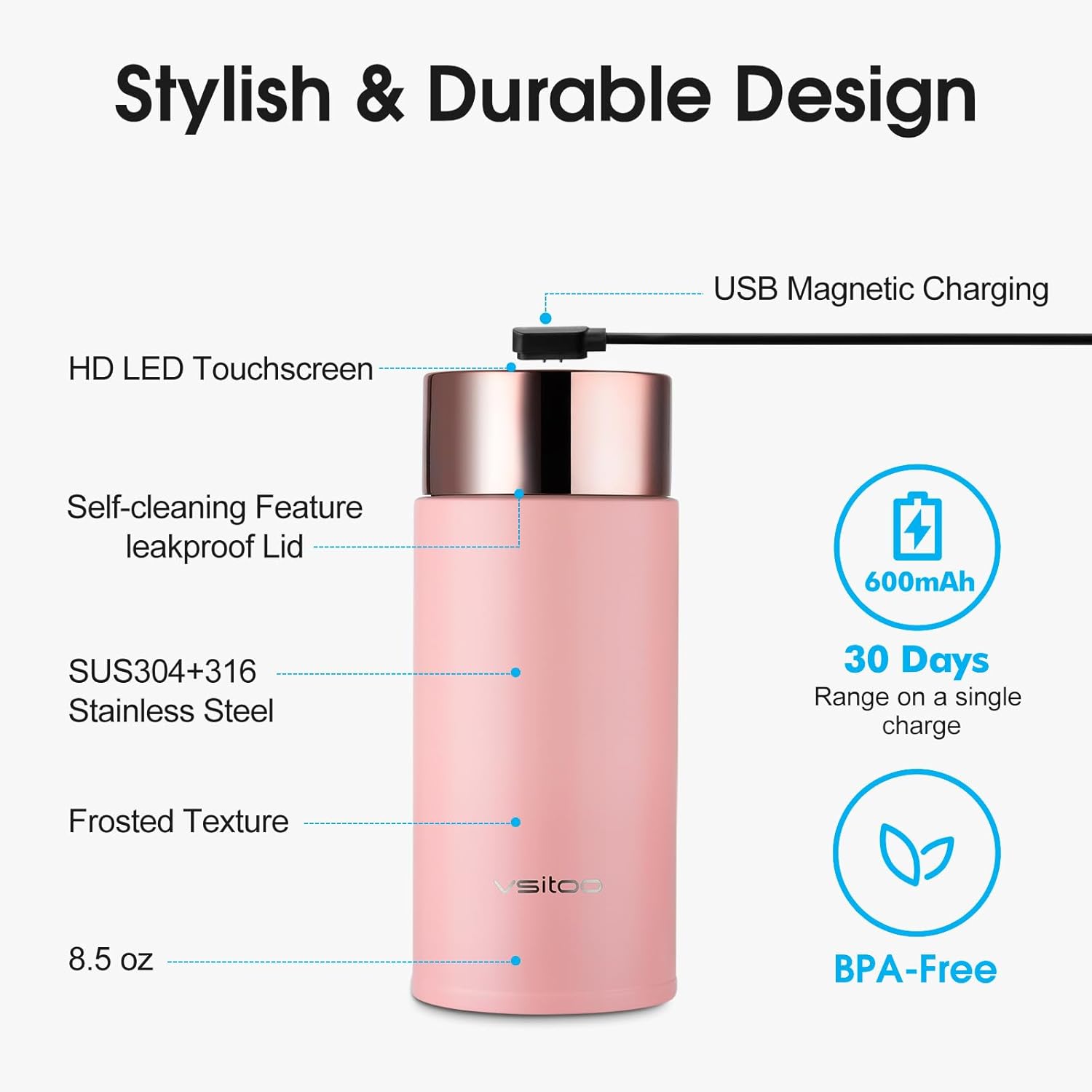 Vsitoo Smart self cleaning Insulated Water Bottle, 8.5oz Stainless Steel Vacuum Flask, AI Self-Clean, 30-Day Battery Life, BPA-Free, Magnetic Charging, Portable Travel Mug Gifts for Men Women, Pink