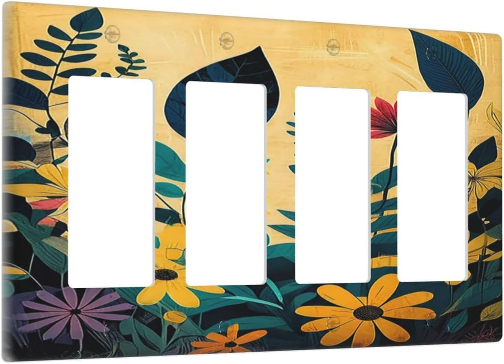 Abstract Minimalist Floral Botanical Boho Flower 4 Gang Wall Plates Outlet Covers Quad Rocker Light Switch Cover Plate Decorative Switch Plates GFCI Electrical Faceplate 4.5 X 8 IN