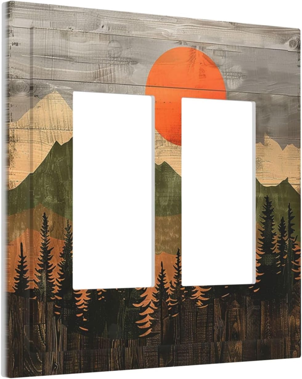 Decorative Outlet Covers Vintage Wood Grain Sun Forest Mountains 2 Gang Double GFCI Rocker Electrical Wall Panels Light Switch Cover Plate for Farmhouse Cabin Decor