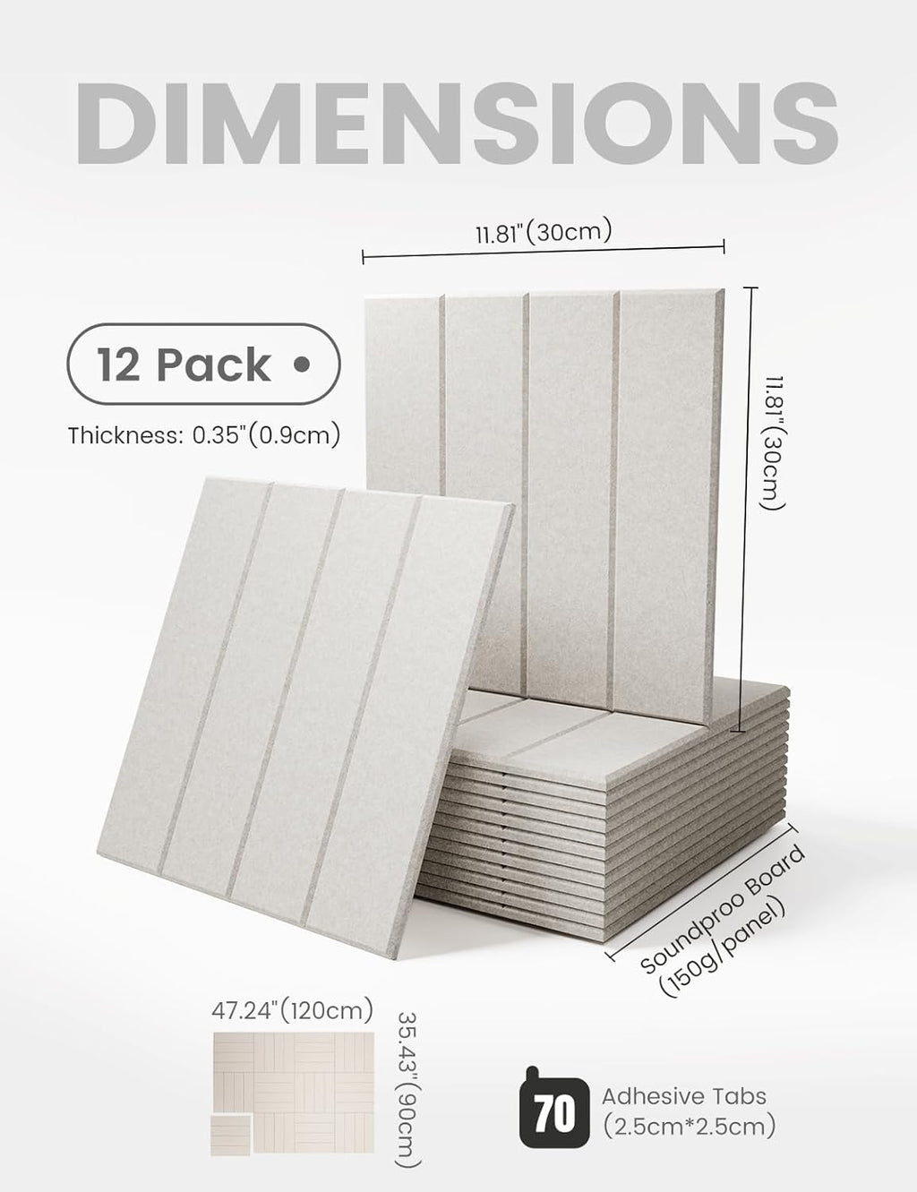 Felt Bulletin Board Tiles Large 48" x 36" Cork Board Alternative-12 Pack with 70 Adhesive Tabs, Thick Slat Wall Panels for Office Decor, Push Pin Board Wall Organizer Alternative -Oatmeal