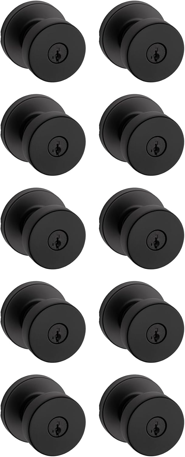 Kwikset Pismo Entry Door Knob with Lock and Key, Secure Keyed Handle Exterior, Front Entrance and Bedroom, Matte Black, 10 Pack, Pick Resistant SmartKey Rekey Security and Microban