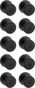 Kwikset Pismo Entry Door Knob with Lock and Key, Secure Keyed Handle Exterior, Front Entrance and Bedroom, Matte Black, 10 Pack, Pick Resistant SmartKey Rekey Security and Microban