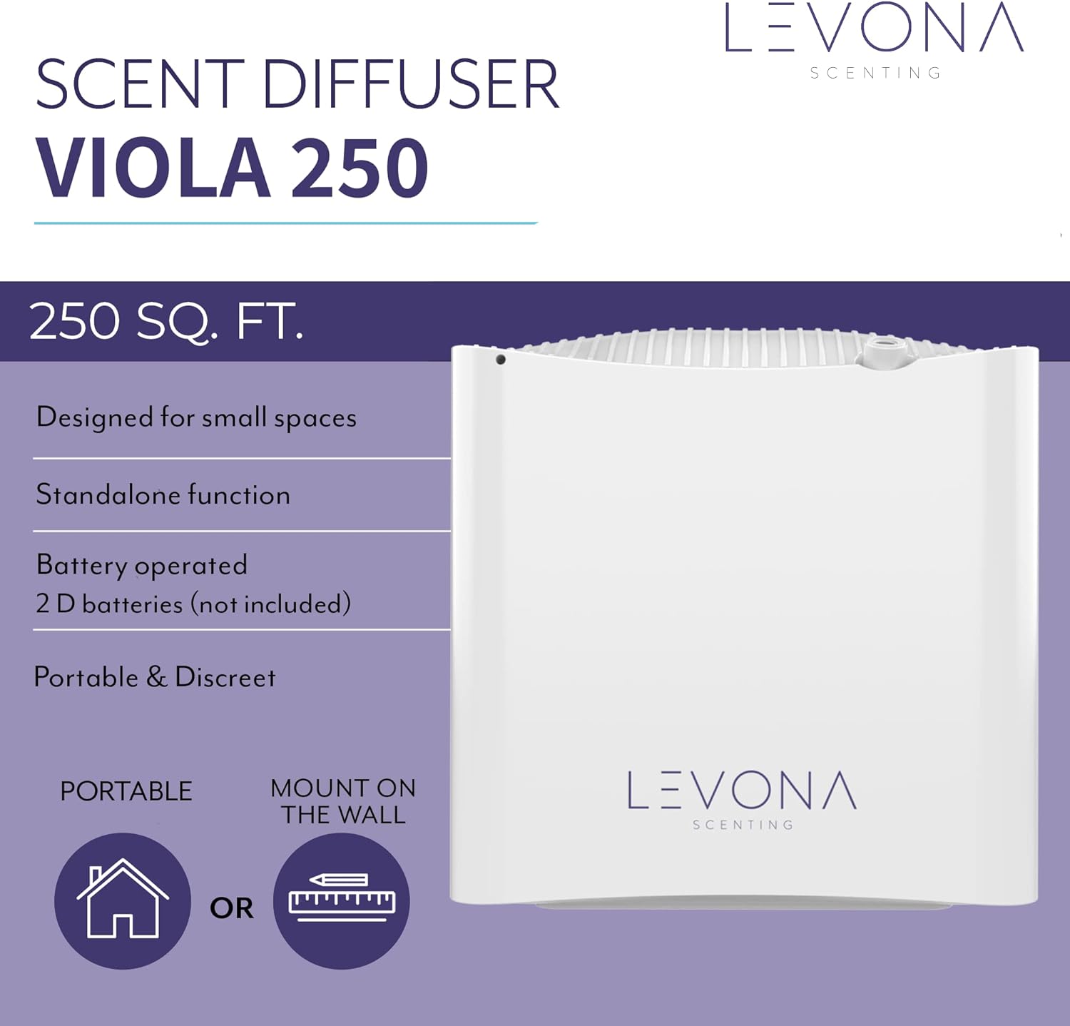 Levona Scent Waterless Diffuser - Essential Oil Aroma & Fragrance Smart Plug-in, Portable Machine for Home, Office & Small Rooms, with Cleaning Cloth, Covers 250 sqft - Viola 250 (Scent Not Included)