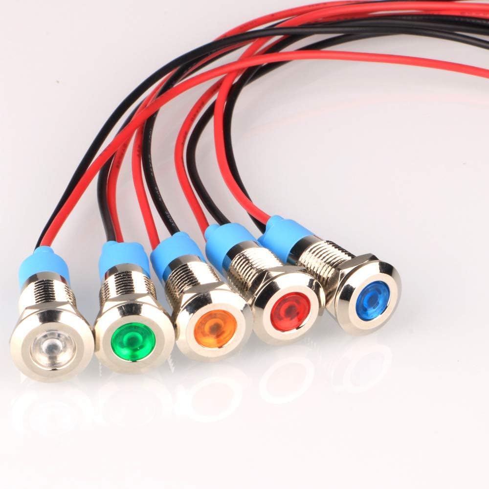 5Pcs 8mm 110V-220VAC LED Metal Indicator Light Waterproof Signal Lamp (Green/Orange/Red/Blue/White 5Pcs)