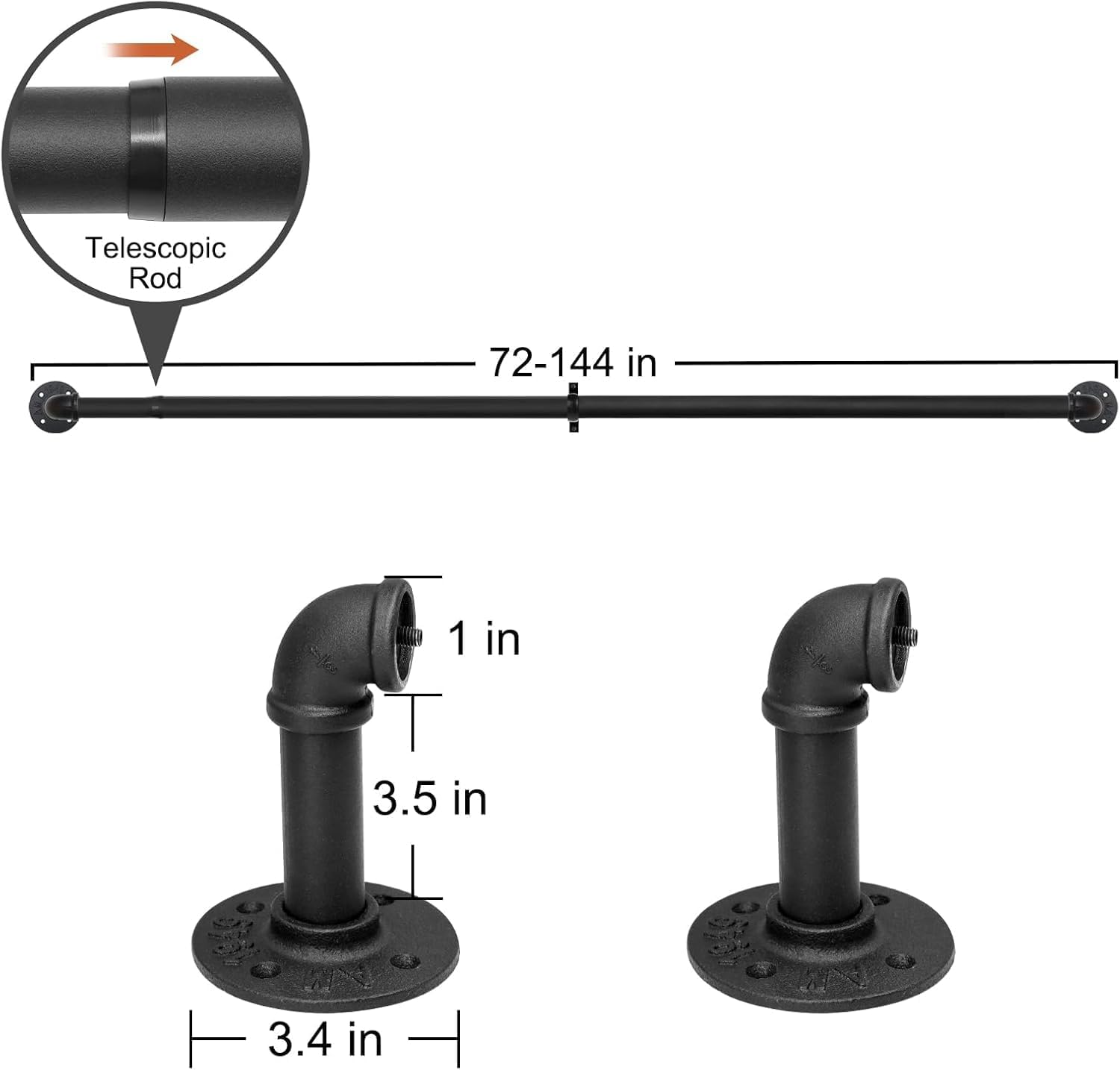 Refrze 2 Pack Curtain Rods for Windows 72 to 144 Inch, Industrial Curtain Rods Wrap Around, Heavy Duty for Bedroom & Outdoor, 72-144", "Black Curtain rod