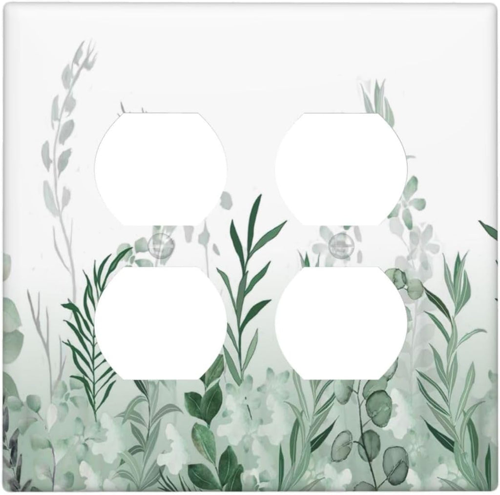 Watercolor Green Leaf Rustic Plant Eucalyptus Flowers Outlet Covers 2 Gang Double Duplex Decorative Light Switch Covers Electrical Wallplates Socket Faceplate for Bed Room Living Room Decor