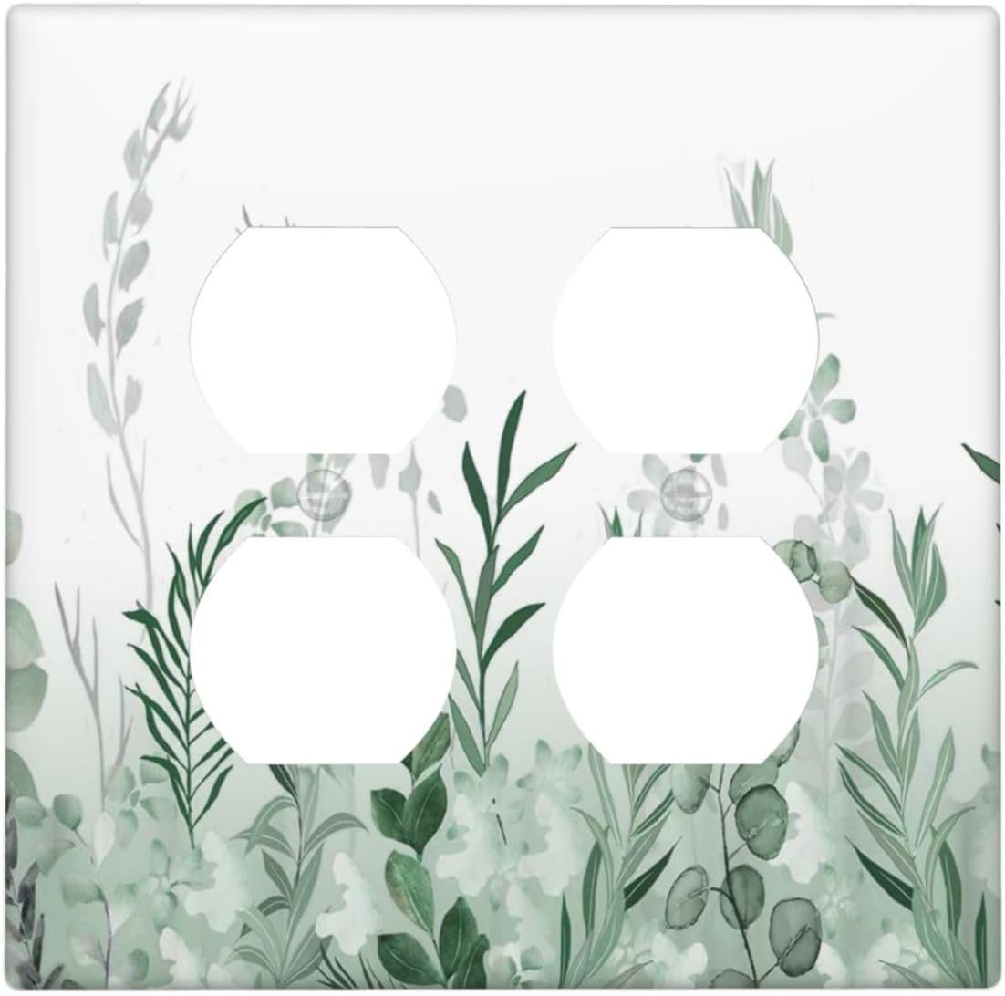 Watercolor Green Leaf Rustic Plant Eucalyptus Flowers Outlet Covers 2 Gang Double Duplex Decorative Light Switch Covers Electrical Wallplates Socket Faceplate for Bed Room Living Room Decor