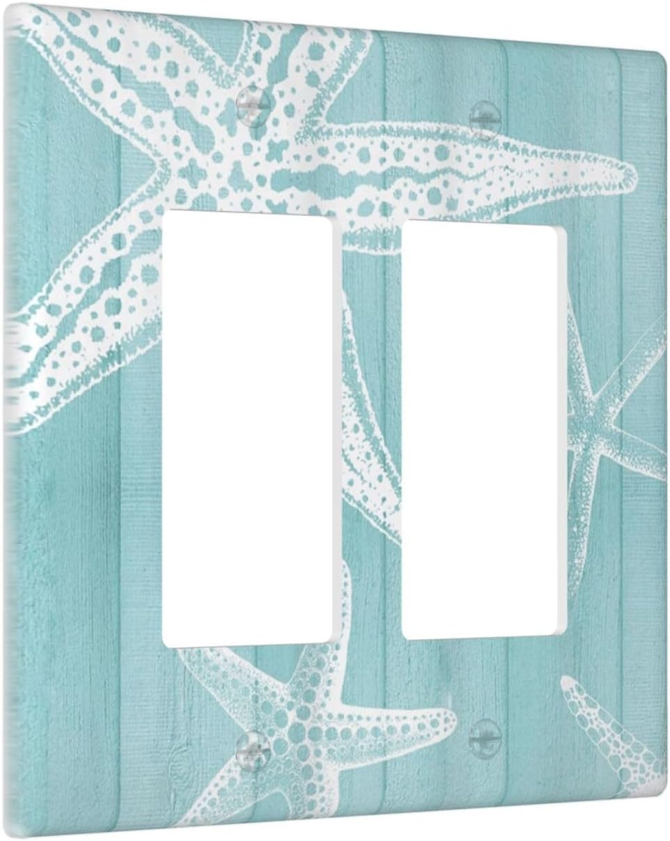 Decorative Outlet Covers Starfish Teal Wood Board Nautical 2 Gang Light Switch Cover Plate Double Rocker Wall Plates for Electrical Outlets Switch Plate Covers for Bedroom Home Decor