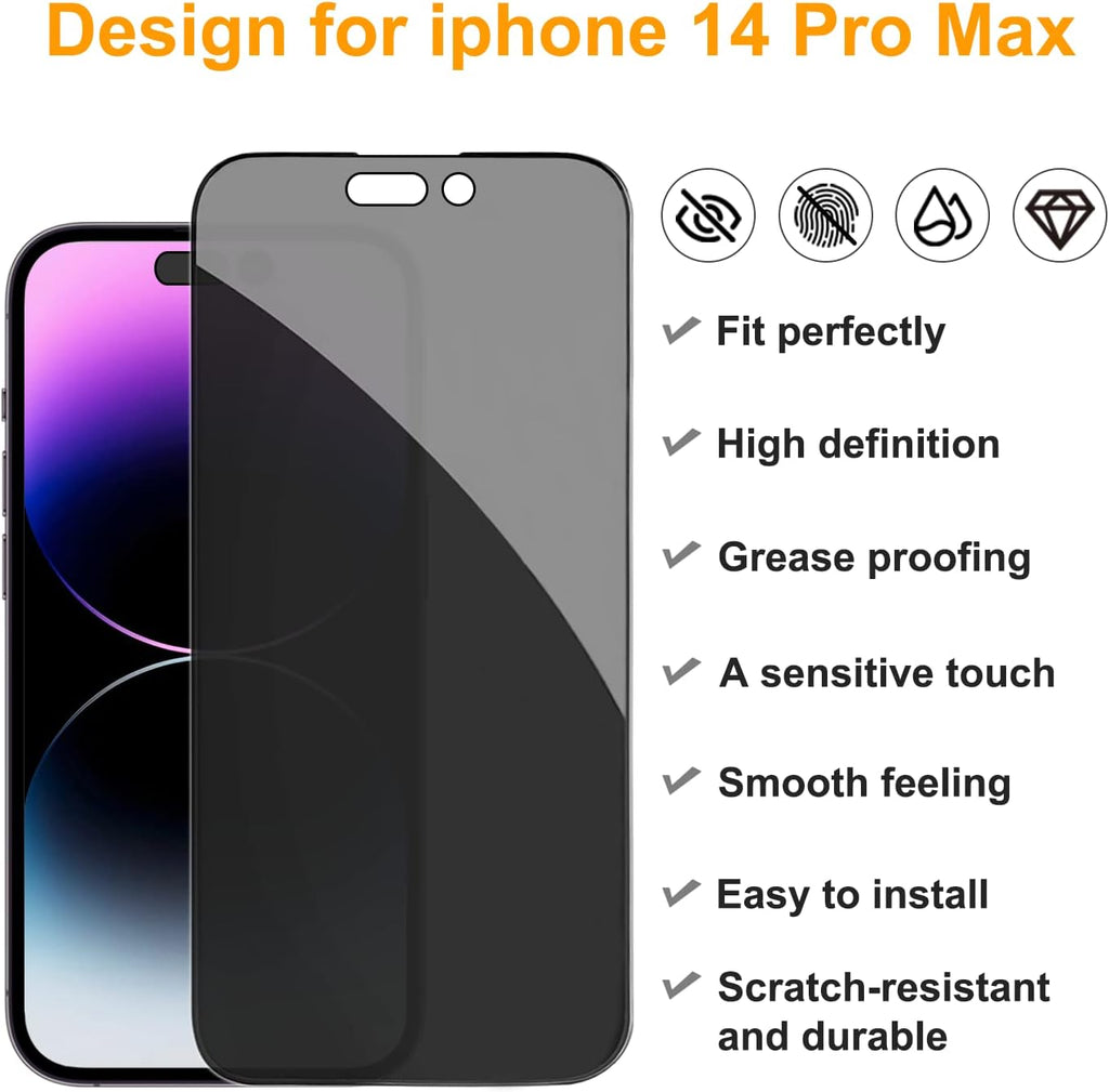 PEHAEL 2+2Pack for iPhone 14 Pro Max Privacy Screen Protector with Camera Lens Protector Full Coverage Anti-Spy Tempered Glass Film 9H Hardness Easy Installation Bubble Free [6.7 inch]