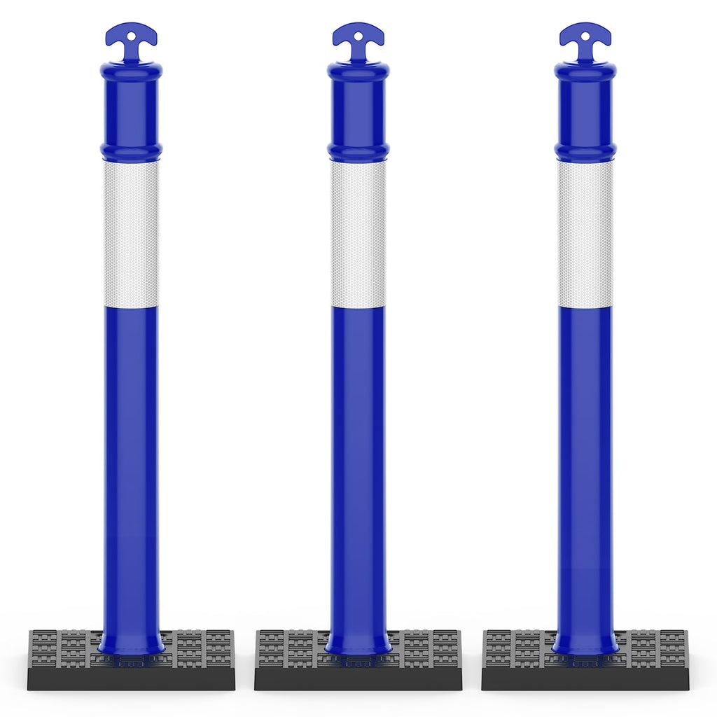 RoadHero 45 Inch Delineator Post with Rubber Base, Heavy Duty Blue Traffic Delineator Posts Cones with Reflective Collars for Parking Lots, Road Safety, Construction Events 3 Pack