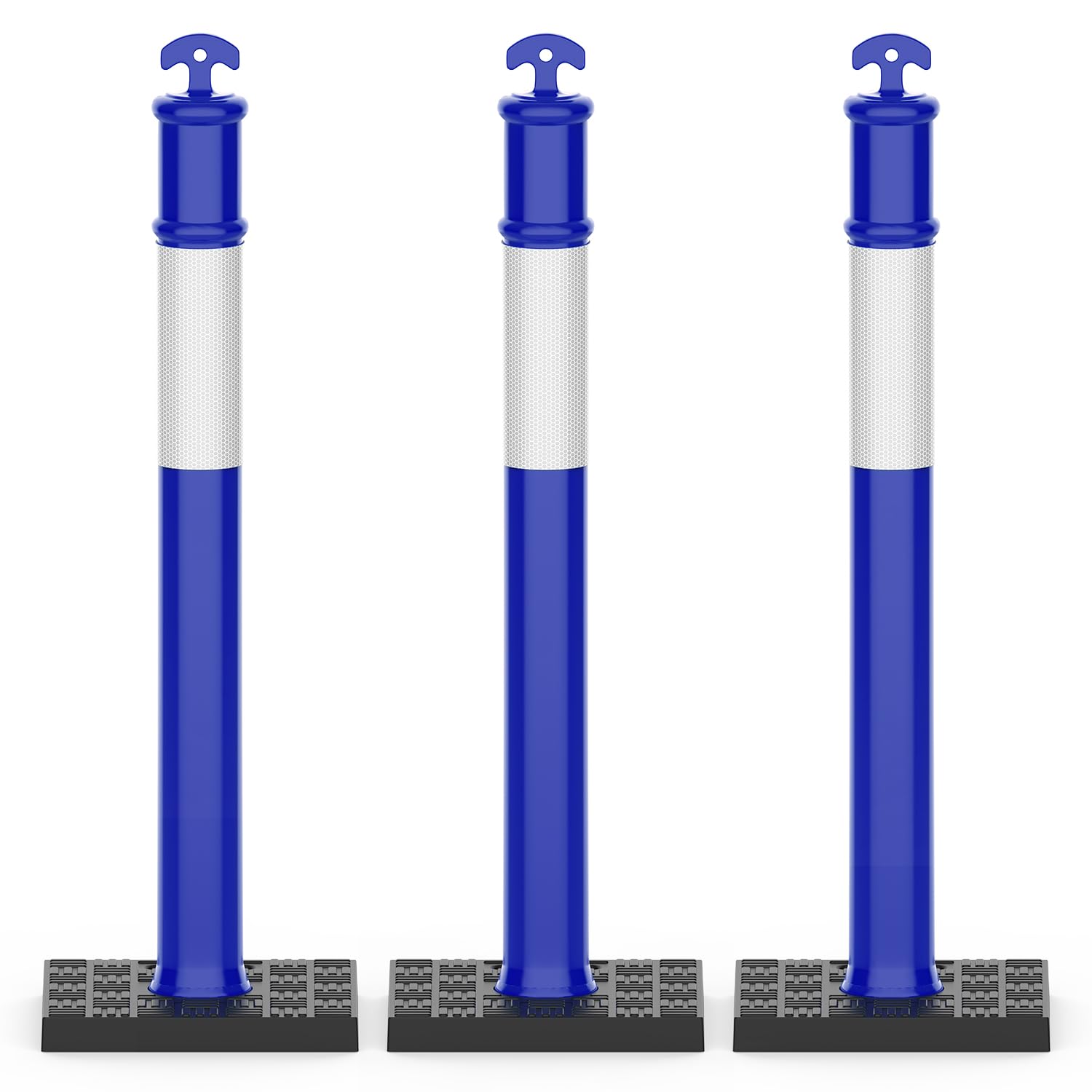 RoadHero 45 Inch Delineator Post with Rubber Base, Heavy Duty Blue Traffic Delineator Posts Cones with Reflective Collars for Parking Lots, Road Safety, Construction Events 3 Pack